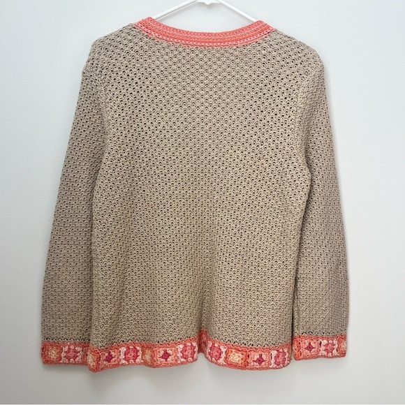 J Jill Linen Open Knit Crochet Cardigan Beige Granny Square Size Medium Petite - Picture 7 of 11